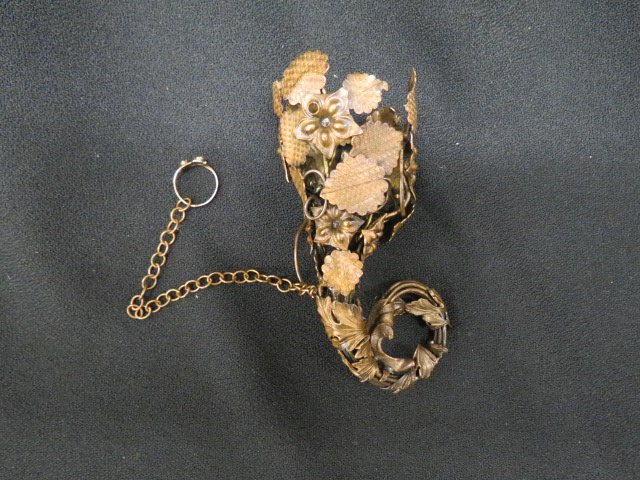 19th Century Tussey Mussey Posey Holder,: ornate brass floral, with finger ring and clip. Size 4" X 2 1/4", Victorian