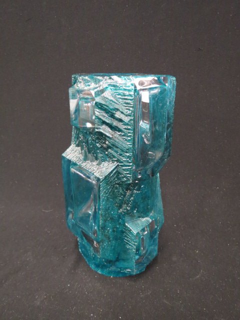 Daum French Art Glass Vase,: unusual textured blue green cut cube design, signed, 10", excellent..Although the roots of Daum Frères can be traced to 1878, when an attorney named Jean Daum was handed the reins of a foundering gla