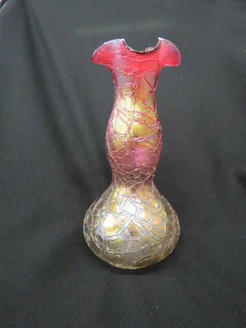 Loetz Type Art Glass Vase,: aligator texture, irridescent, cranberry top, 10.5", excellent.