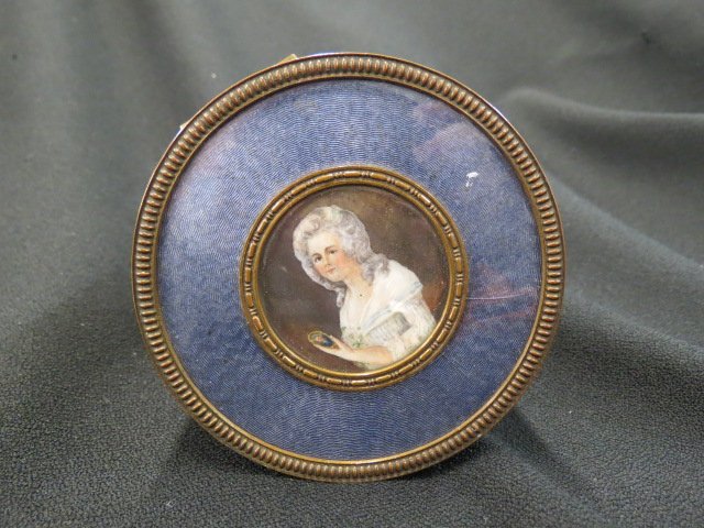 French Box with Minature Potrait on Ivory: of a young lady, enamel trim, glass lined, 3.75" diameter, circa 1890