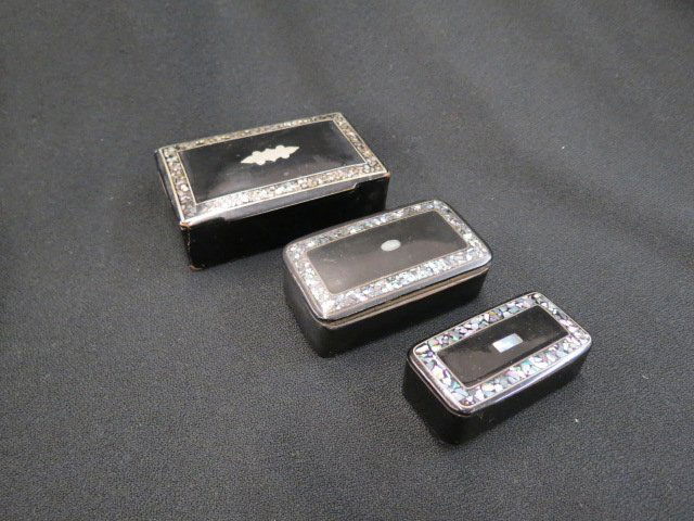 3 Victorian Lacquerware Boxes,: largest is 2" X 3.75", abalone inlay.
