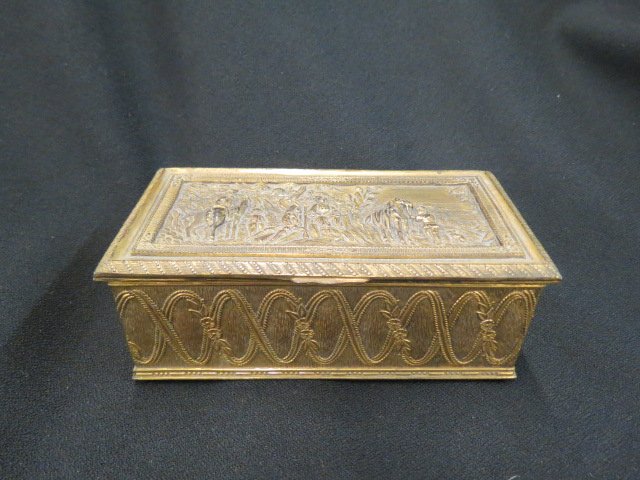 Bronzed Dresser Box,: scene with horses and riders, specially made for Benson and Hedges, circa 1905, 3" X 6".