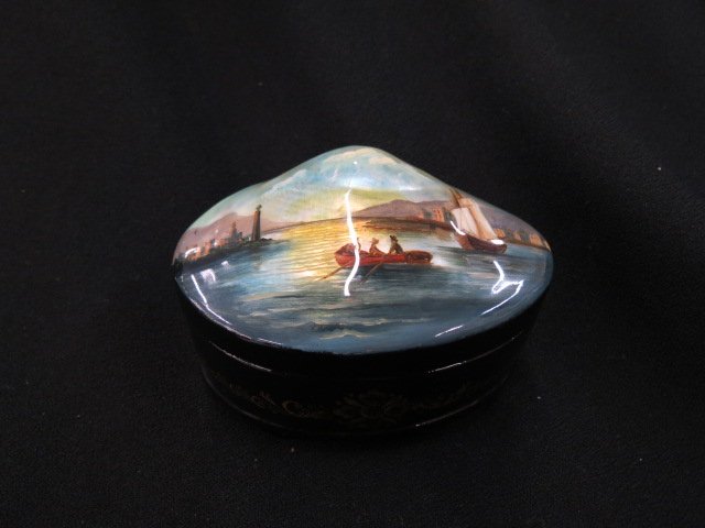 Russian Lacquerware Box,: abalone shell inlaid top, harbor scene, inside and out, 3" X 4", excellent.