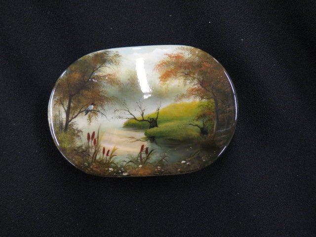 Russian Lacquerware Box,: abalone inset top, fine autumn landscape with stream, 3" X 4.5", excellent.