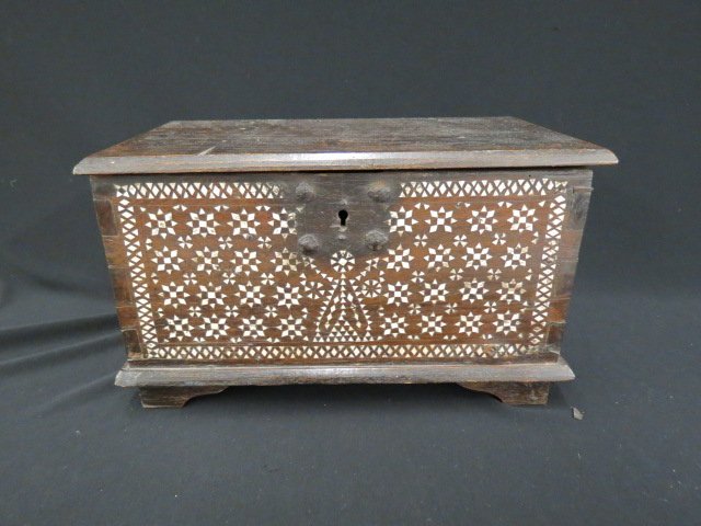 Early Inlaid Wooden Chest,: handwrought hinges, handles and lock, overall 9" X 15".