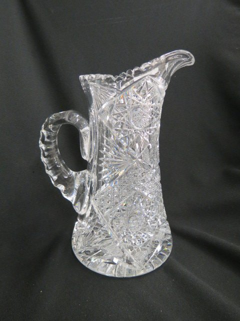 Cut Glass Pitcher,: starburst, cane and fan designs, fancy cross-hatching, 11.5" tall, brilliant period.