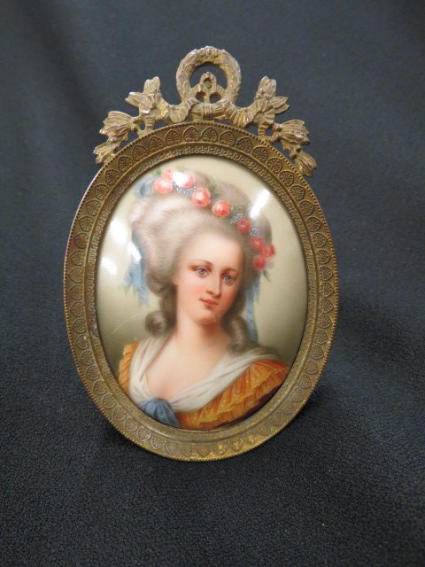 Painting on Porcelain of Young Lady,: oval image 2.5" X 3.25" plus ornate frame.
