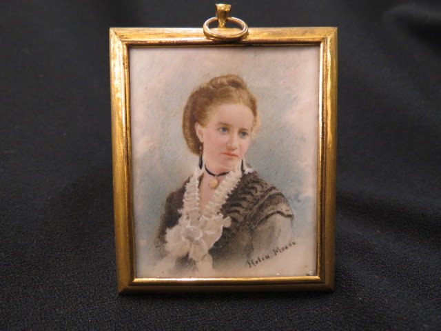 Miniature Portrait Painting on Ivory of Young Lady: , signed Helen Moore, image area 2.5" X 3", info on reverse, listed miniaturist artist....Born in Los Angeles, CA on March 7, 1886. The Rowland family settled in Los Angeles in 1841 and secured title 