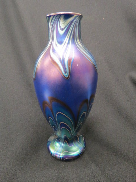 Orient and Flume Art Glass Vase,: rich blue irridescent finish, pulled feather and drape style designs, 1976, signed, 9.25", excellent...Orient & Flume produces fine art glass for the collector. These signed pieces capture nature's in