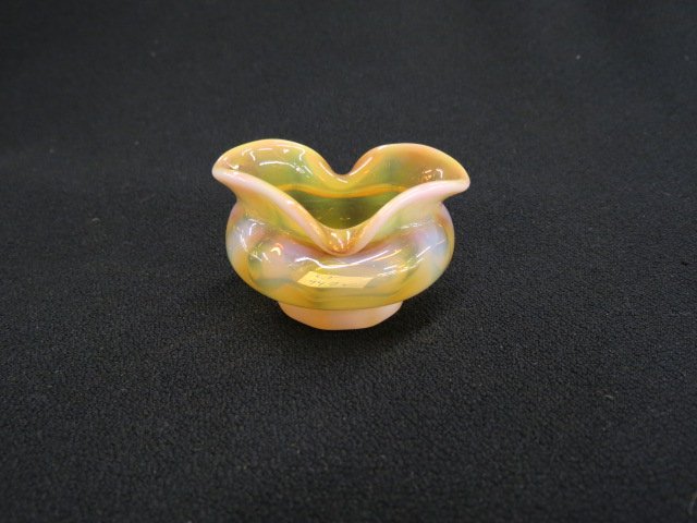 Monot Stumpf French Art Glass Salt Cellar,: golden opalescent ribbed decor, pink and gold ,75" X 2", excellent.