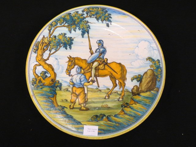 Spanish Majolica Pottery Plaque,: handpainted, knight on horseback, signed, 16" diameter, excellent.