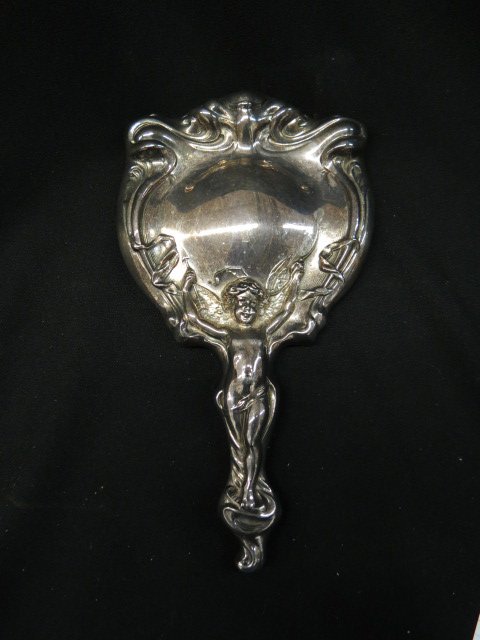 Art Nouveau Silverplate Hand Mirror,: cherub decor, 10" long.