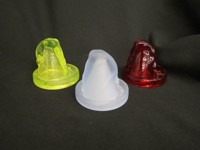 6 "Bottom's Up" Figural Nude Tumblers and Holders,: art glass, a variety of colors including cobalt, ruby, vaseline, opalescent and more, 3.5" tall, 4" diameter bases, excellent.