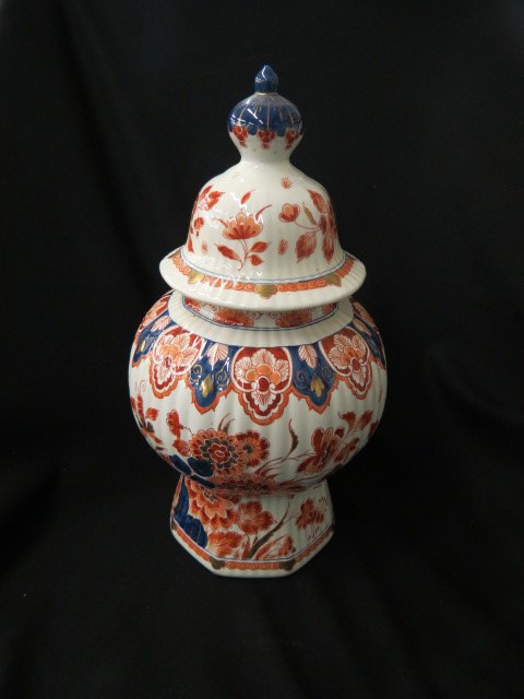 Royal Delft Pottery Covered Jar,: Imari color, floral, 14.5", excellent.