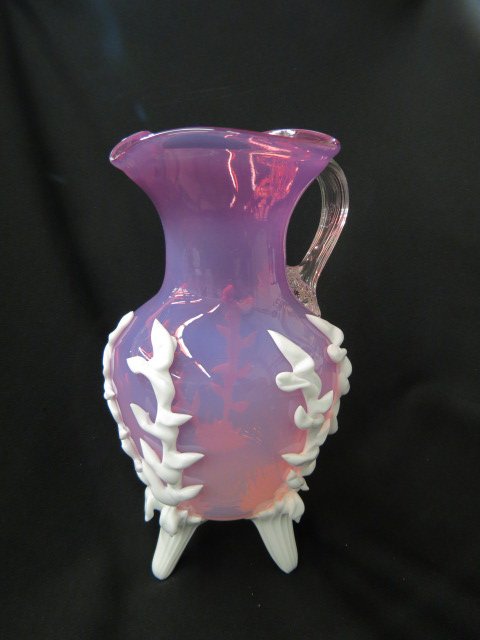 Cranberry Opalescent Art Glass Pitcher,: applied white trim and feet, possibly Stevens and Williams, 12", excelletn.