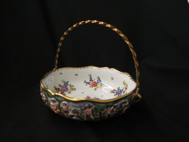 Capodimonte Porcelain Bowl,: basket handle, festive garden party scenes, floral interior, swing handle, 8.5" diameter, excellent.
