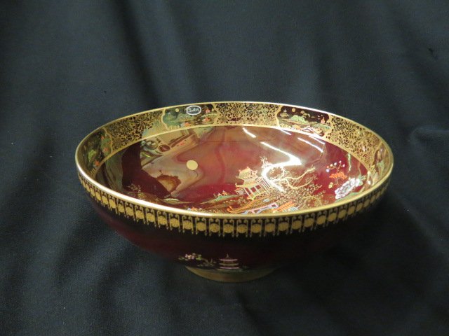Carltonware English Luster Porcelain Bowl,: oriental design on Royal Rouge, elaborate gold work, 10" diameter, 4.75" deep, excellent....Carlton Ware was a famous Stoke-on-Trent based pottery manufacturer. The company is best remembered for its