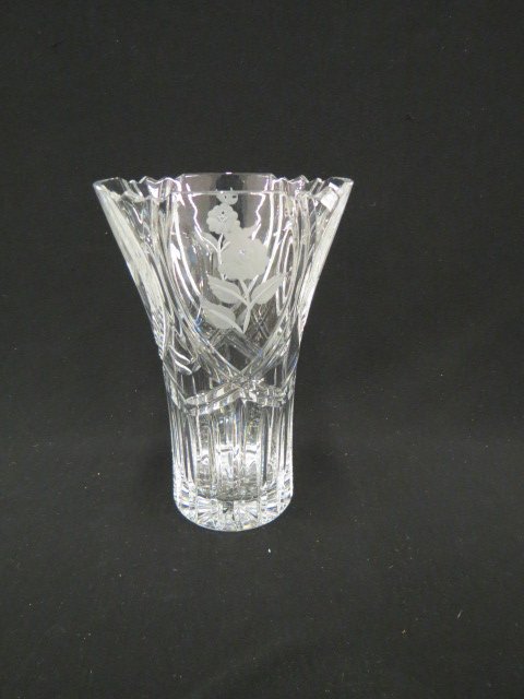 Cut Crystal Vase,: floral and panel decor, 10" tall, excellent.
