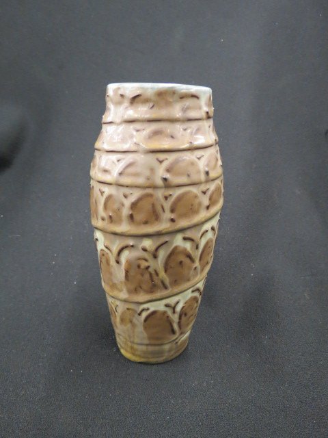 Rookwood Art Pottery Vase by Elizabeth Barrett,: 1929, shape #30-F, interesting swirl and arch design, reminds us of the tower of Pisa, 7", excellent....Rookwood Pottery was founded in 1880 by Marie Longworth Nichols. Rookwood pottery's initial work
