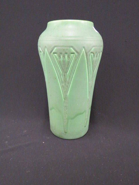 Rookwood Art Pottery Arts and Crafts Vase,: 1907, vellum mark, green glaze, carved stylized floral and diamond design, 13.5", an outstanding piece....Rookwood Pottery was founded in 1880 by Marie Longworth Nichols. Rookwood pottery's initial wo