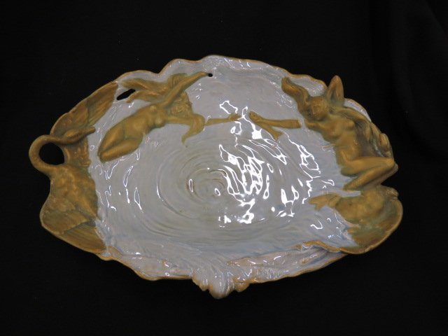Austrian Art Pottery Art Nouveau Tray,: nude maidens, swan, and fish in aquatic decor, Teplitz Amphora, numbered, 11" X 15.5", excellent.