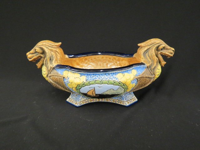 Czechoslovakia Art Pottery Centerpiece or Planter,: figural dragon ends, medallion with small boat, 8" X 16.5", excellent.
