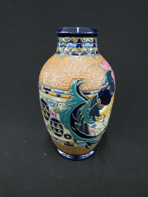 Czechoslovakia Art Pottery Vase,: rooster and deco designs, 13", excellent.