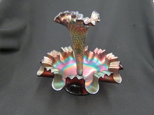 Carnival Glass Epergne,: single lily emerging from 8.5" bowl, excellent.