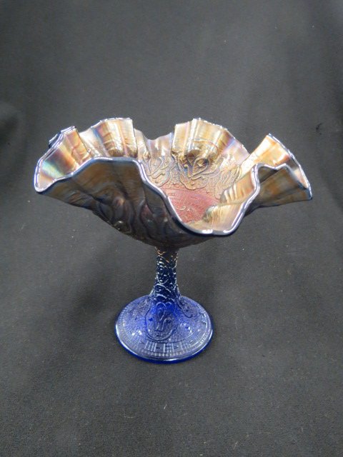 Carnival Glass Compote,: blue, 6.5", excellent.