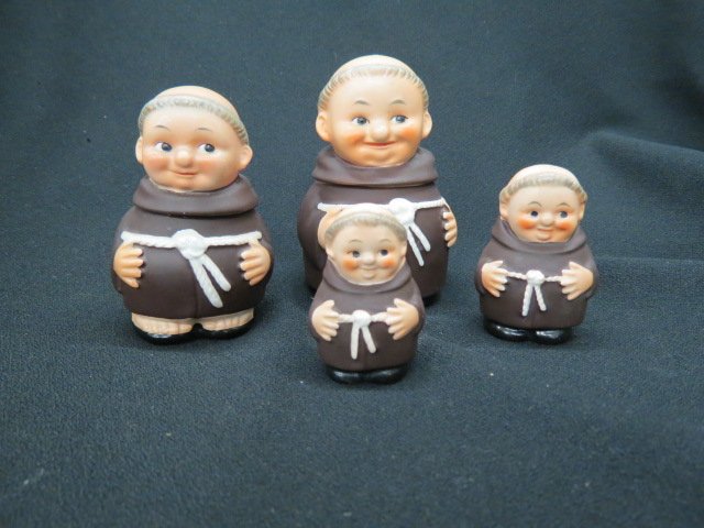 4 Goebel Friar Tuck Items: figural, Jam jar, sugar, salt and pepper, full and stylized bee marks, tallest is 4.75", excellent.