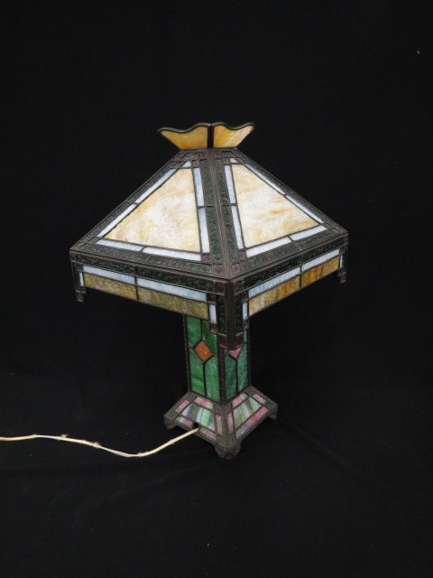 Arts and Crafts Slag Glass Lamp,: looks similar to work of Riviere Studios, 14" squared top with linenfold glass trim, slag glass base, 22" tall, a fine example, all original.