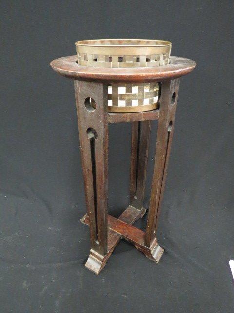 Arts and Crafts Plant Stand, signed: by Lakeside Craft Shops, Sheboygan, Wisconsin, circa 1912, brass insert, wood stand, 24" tall, all original, still has part of original label....THE FOLLOWING INFO IS FROM A VERY HELPFUL WEBSITE ON TH
