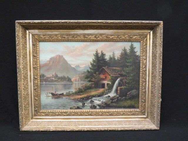 19th Century Oil,: Grist mill and figures on a European waterway, image area 24" X 17" on canvas, in ornate gold frame.