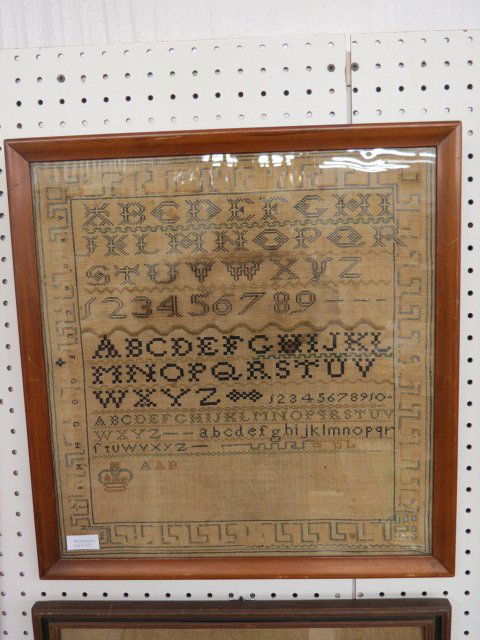 Early 1800's Sampler,: Alphabet and Numerical, 17" X 18", without date and name...Take a look at the history of samplers through the ages, and investigate the different styles and techniques used in their construction at di