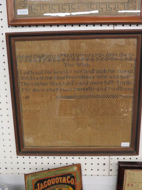 1819 Sampler,: alphabet and verse, by Martha C. Moore, 17.5" square...Take a look at the history of samplers through the ages, and investigate the different styles and techniques used in their construction at differ