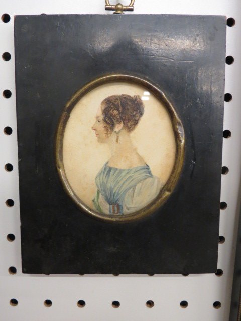 Early Miniature Watercolor on Paper of Young Womam: , oval image area 3" X 3.5" oval.