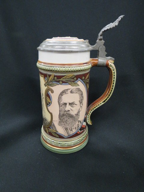 Mettlach Etched Pottery Stein,: Wilhelm I, Wilhelm II and Frederick III, .5 liter, inlaid pewter lid (as is), #1890, 8".