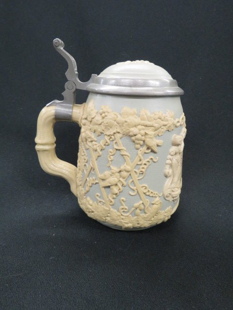 Mettlach Pottery Stein, verse & floral,: bas-relief, inlaid pewter lid, #1270, .5 liter, 5.5".