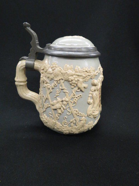 Mettlach Pottery Stein, verse & floral,: bas-relief, inlaid pewter lid, #1370, .5 liter, 5.5".