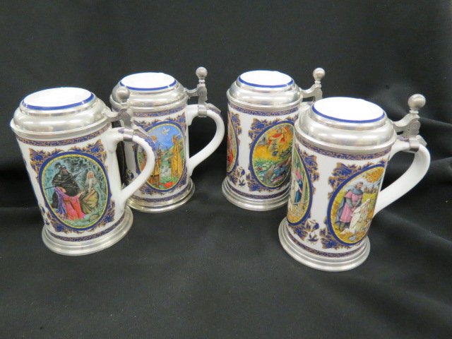 4 Heinrich Porrcelain Steins,: Richard Wagner series, pewter trim, for Villeroy and Boch, 6.5", .5 liter, excellent.