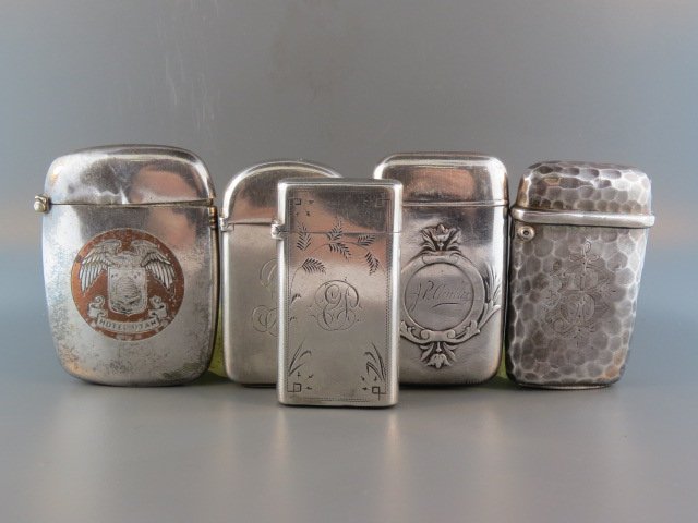 5 Sterling Silver Match Safes,: includes "Hotel Utah", handhammerd, Albert Cole, Howard and more, largest is 1.75" X 2.25".