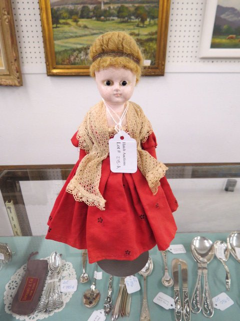 19th Century Papier-Mache Head Doll,: glass eyes, wooden arms and legs, 10.5".