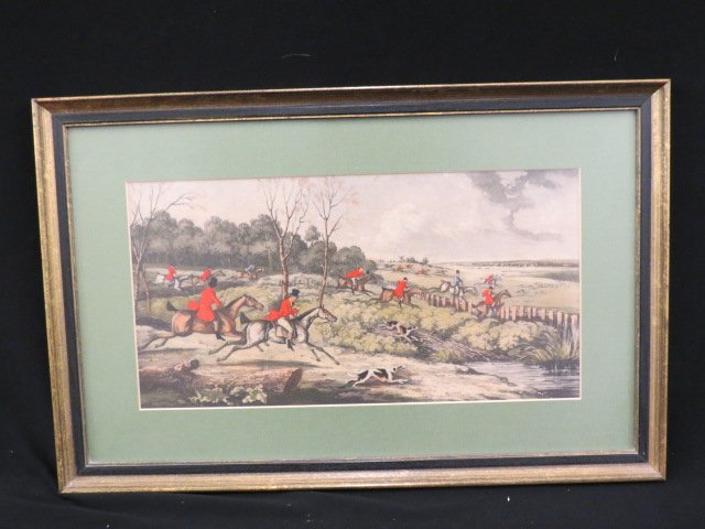 Fox Hunt Lithograph,: hand-colored, image area 8" X 15".