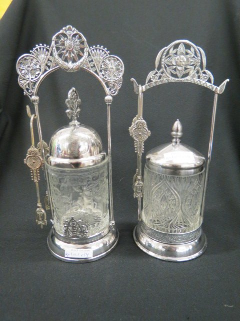 2 Victorian Silverplate Pickle Castors,: clear pattern glass inserts, with tongs.
