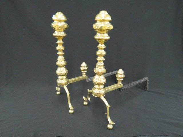 Pair of Brass Andirons,: Federal Style, recently polished and lacquered, 21.5".