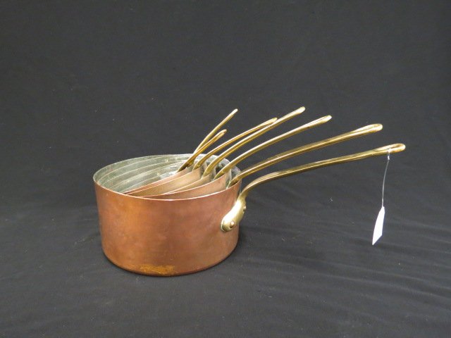 7 pc. Graduated Set of Copper Pots,: brass handled, 5" to 9.5" diameter, a hard to find old set.