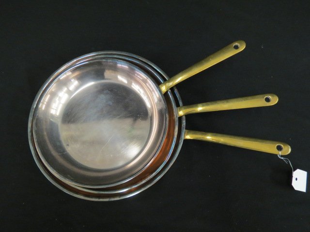 3 pc. Copper Frying Pan Set,: brass handles, 10", 11", and 12".