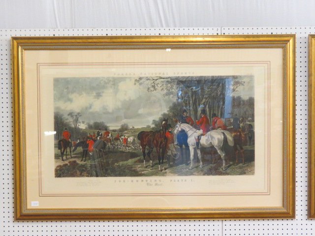 3 Large Fox Hunt Lithographs,: Fores's National Sports, "Fox Hunting plate 1, 2, and 4, image area 46" X 25" plus fine matting and gold frames, from prestigious law office, excellent.