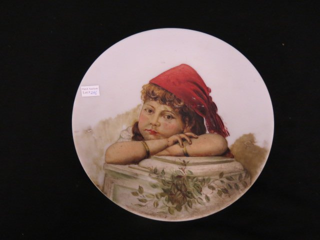 19th Century Handpainted Opaque Glass Charger,: young girl resting her head, 12".