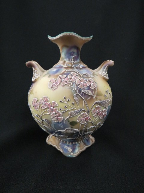 Nippon Moriage Porcelain Vase,: handpainted, elaborate floral, handled, signed, 6.5", excellent.